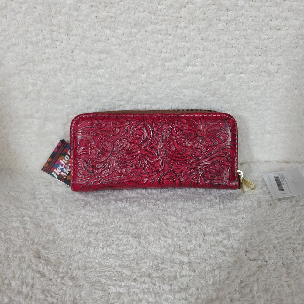 Mexican Handmade Red Floral Embossed Bifold Zip-Around Leather Wallet